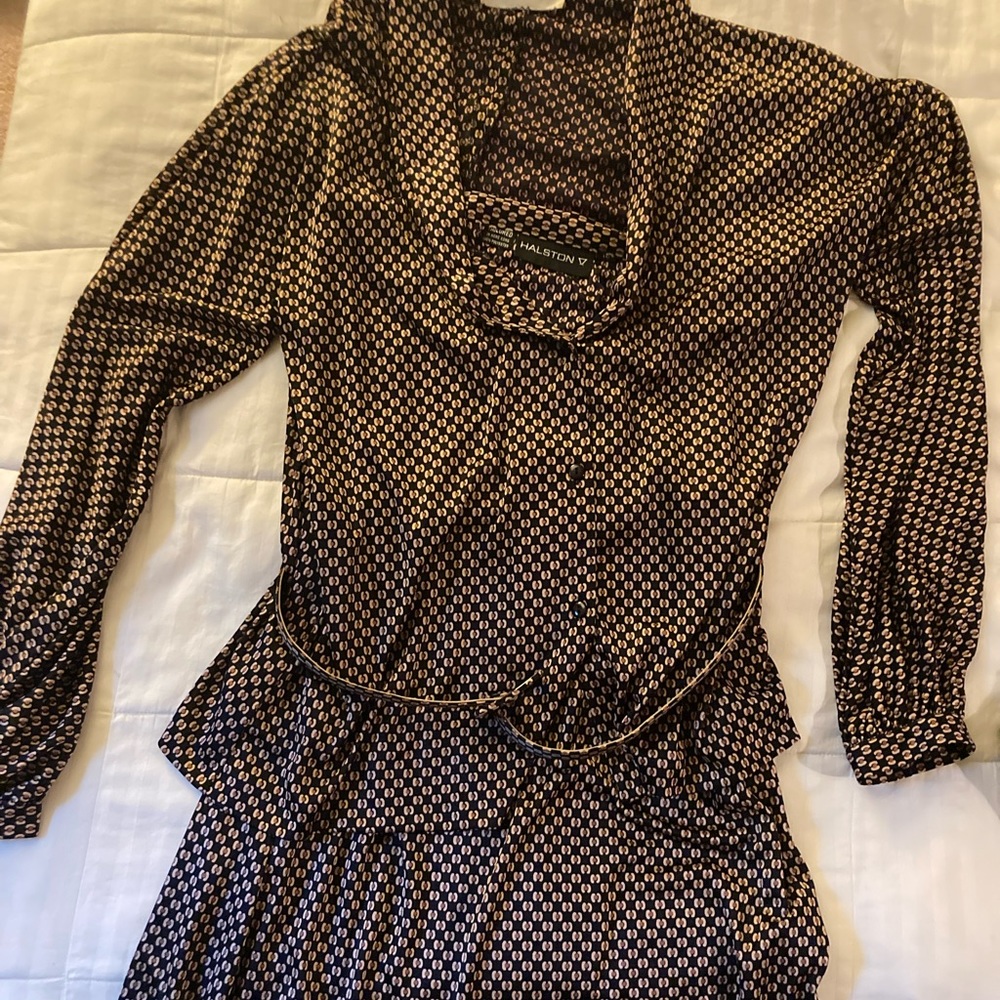 Vintage Halston Belted V Neck Blouse and Straight Skirt Set